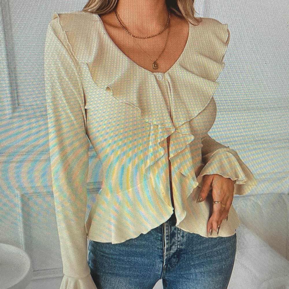 Elegant Cream Button Down Ruffle Shirt
